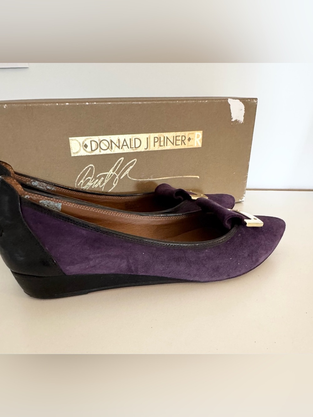 Donald J. Pliner Purple Suede Bow Wedge Flats with Gold Accent